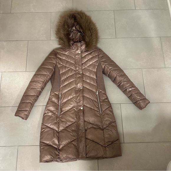 Kenneth Cole Jackets & Blazers - Kenneth Cole Taupe Puffer Coat with Faux Fur Hood